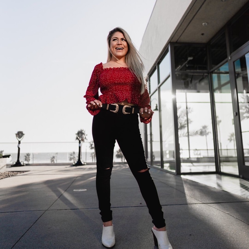 Burgundy off the shoulder white polka dot top